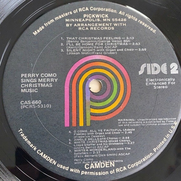 Perry Como Sings Merry Christmas Music 1961 LP Pickwick Camden CAS 660 EX - Picture 7 of 7